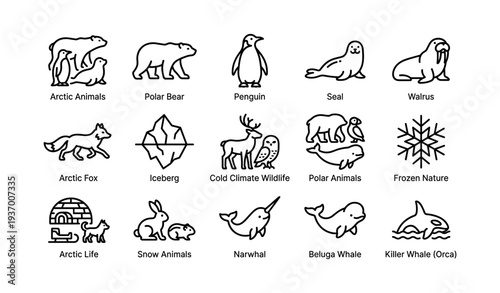Arctic animals icon set featuring polar bear, penguin, seal, walrus, arctic fox, and more