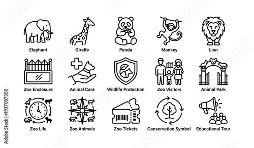 Zoo icon set featuring elephant, giraffe, panda, monkey, lion, and more