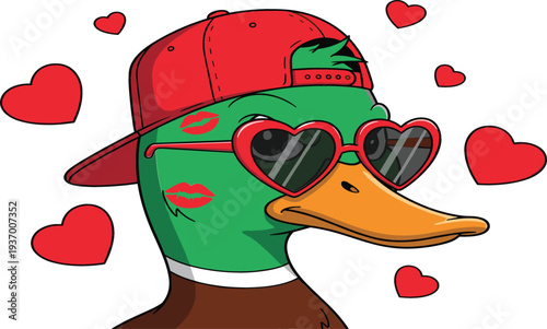 Cool green mallard duck wearing a red snapback baseball cap and heart shaped sunglasses with lipstick kiss marks and floating red hearts background.