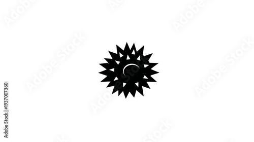 A black, spiky, star-like shape with a crescent moon cutout in the center