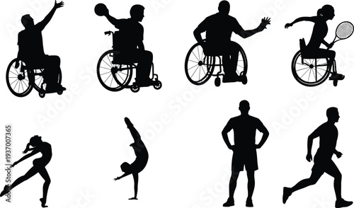Adaptive sports silhouettes collection, wheelchair athletes and active people isolated on white background for inclusive design