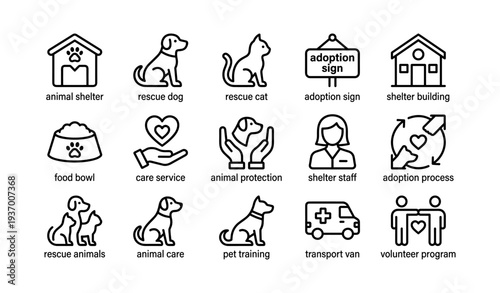 Animal shelter icons: adoption, rescue, care, volunteer, transport
