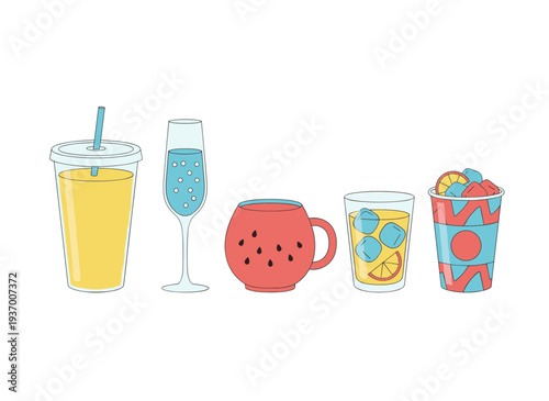 Collection of colorful cold drinks and summer beverages in different glassware including fruit juice, sparkling wine, smoothie, iced tea and tropical cocktail.