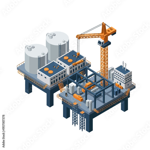 Offshore Oil Rig Platform with Crane and Storage Tanks.