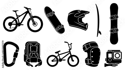 Extreme sports equipment and outdoor activity gear black silhouettes featuring mountain bike, skateboard, helmet, surfboard, snowboard, and action camera.