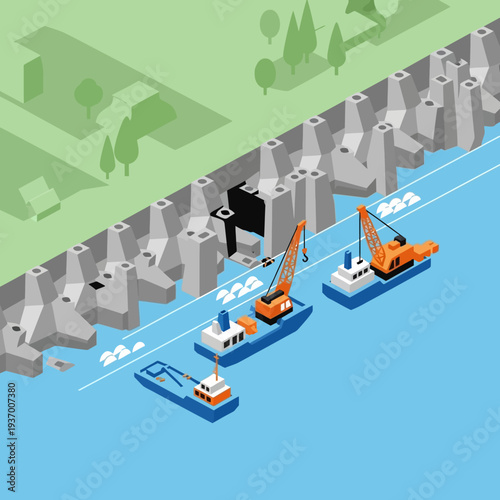 Isometric illustration of dredging boats in a waterway with cranes and industrial equipment.