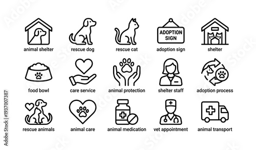 Animal shelter icons: rescue, adoption, care, staff, transport symbols