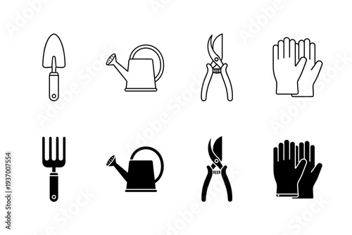 Gardening Tools Icon Collection Including Hand Trowel Watering Can Pruning Shears Garden Fork and Protective Gloves for Horticulture Maintenance