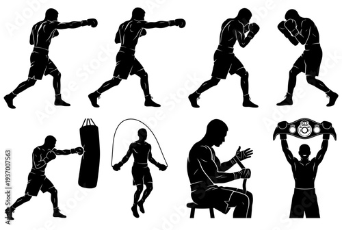 Professional Boxing Training and Athletic Achievement Silhouettes Featuring Fighter Poses Punching Bag Skipping Rope and Championship Belt Winner