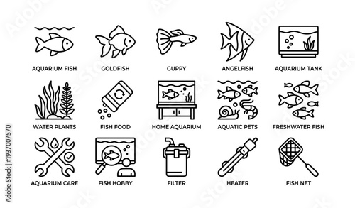 Aquarium fish icons: goldfish, guppy, angelfish, and aquarium essentials