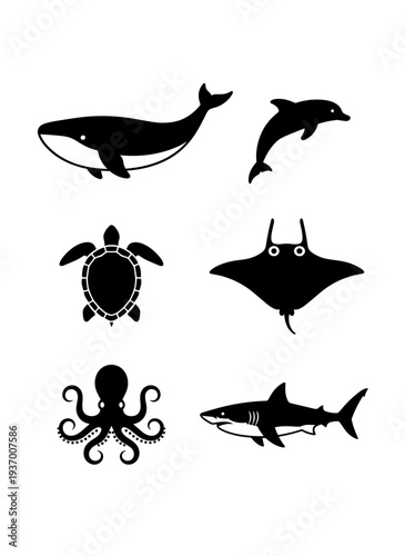 Marine life silhouettes collection with whale dolphin sea turtle manta ray octopus and shark icons isolated on white background for aquatic nature design.