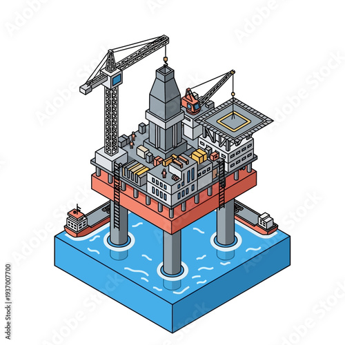 Isometric illustration of an offshore oil rig platform in the ocean.