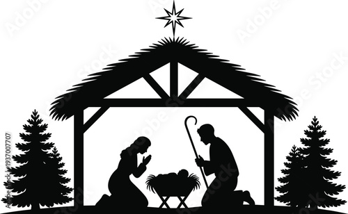 Christmas nativity silhouette scene, holy family manger illustration, religious winter vector design background collection