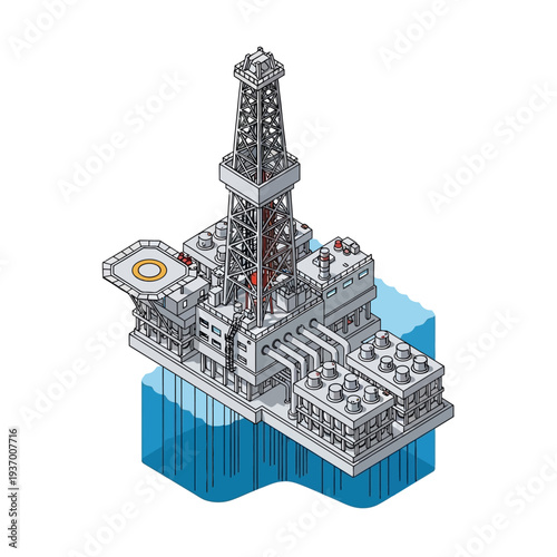 Detailed 3D Isometric Illustration of Offshore Oil Rig Platform.