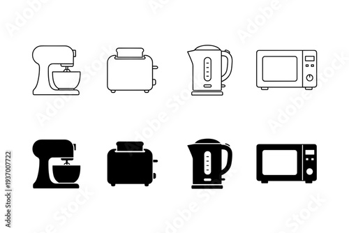 Set of kitchen appliances icons including stand mixer toaster electric kettle and microwave oven in line and silhouette styles for home cooking design