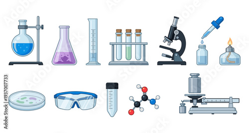 Professional laboratory equipment set with microscope glass flasks test tubes petri dish safety goggles and scientific tools for research and education