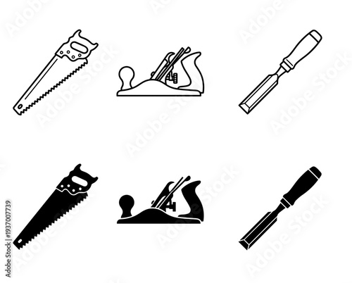 Woodworking hand tools collection featuring hand saw wood plane and chisel in both outline and solid black silhouette styles for carpentry and DIY craft