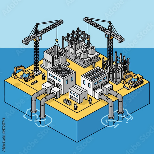 Offshore Oil Rig Platform with Cranes and Pipelines.