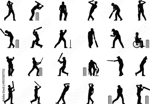 Cricket player silhouettes collection, batsman bowler fielder action poses isolated sports clipart illustration bundle set