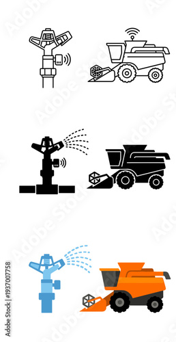 Smart agriculture technology icons showing automatic water sprinkler and autonomous combine harvester in line art silhouette and flat color design styles