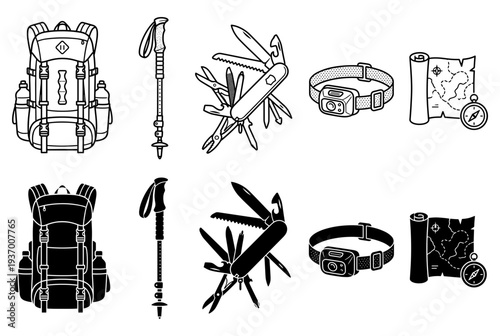 Hiking and trekking gear set with backpack trekking pole multi tool headlamp and map with compass in line and silhouette styles for outdoor adventure