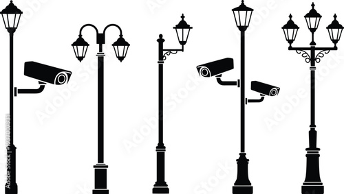 Decorative street lamp silhouettes with security cameras, vintage lighting poles, urban surveillance vector illustration collection