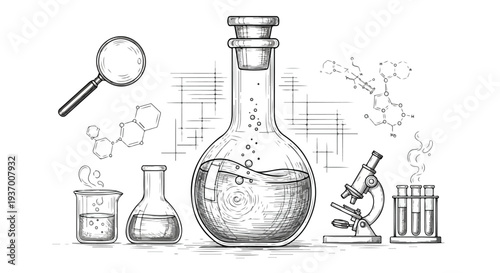 Laboratory glassware experiment scientific sketch art