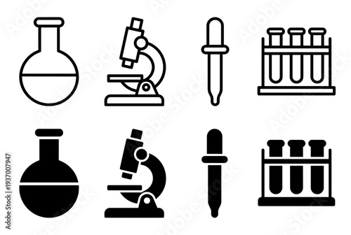 Laboratory Equipment Icons Set Including Flask Microscope Pipette and Test Tubes in Line and Solid Styles for Science Research and Education Design