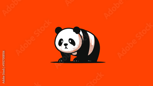 A cute cartoon panda bear, with black and white fur, standing against a bright orange background