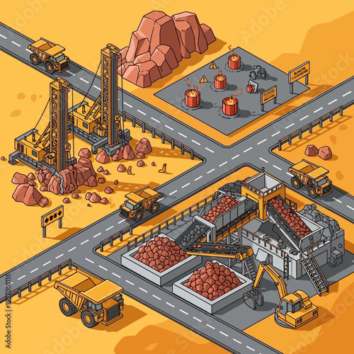 Isometric illustration of a quarry and processing facility with heavy machinery.