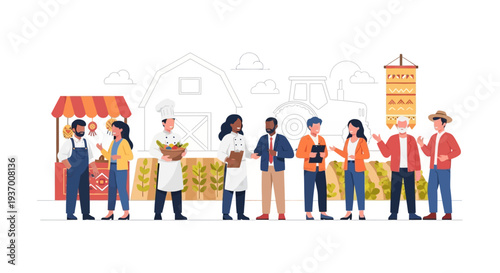 Farm to Table Network: Diverse Group of Chefs, Farmers, and Business People Collaborating on Sustainable Food Supply Chain and Agricultural Business.