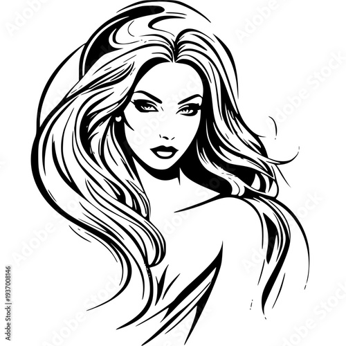 Elegant Mysterious Woman Portrait with Stylish Hairstyle - Vector Beauty Branding Illustration. A sophisticated and artistic vector illustration of a beautiful, mysterious woman with an elaborate, 