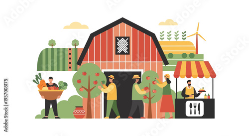 Farm-to-Table Concept: Sustainable Farming Illustration with Farmers Harvesting Organic Produce at a Local Market Stand and Barn.