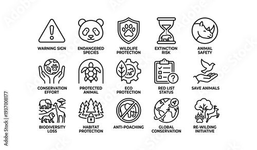 Endangered species and wildlife conservation icons: protection, risk, safety, biodiversity, and re-wilding