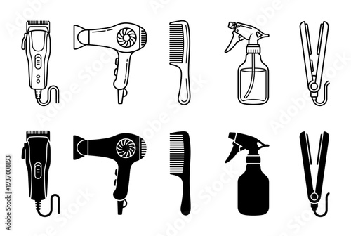 Professional Hair Salon Tools and Barber Equipment Icons Set Featuring Hair Dryers Hair Clippers Combs Spray Bottles and Flat Irons in Line and Silhouette Style