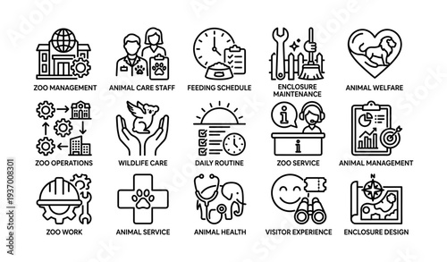 Comprehensive zoo management and animal care icons for effective operations