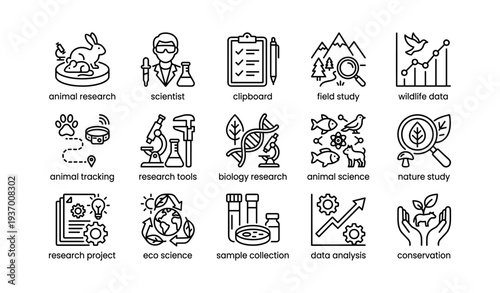 Animal research and nature study icons: science, tracking, conservation, data, biology
