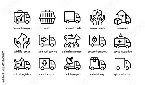Animal transport icons: safety, rescue, logistics, care, delivery
