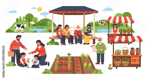 Rural Community Life Illustration: Family Gardening, Local Market Stall, and People Gathering at a Farm Village. Sustainable Living and Traditional Culture.
