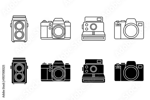Collection of vintage and modern camera icons in both outline and solid silhouette styles including twin lens reflex, digital SLR and instant cameras.