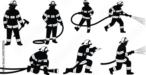 Firefighter action silhouettes set, rescue worker using hose extinguisher emergency response illustration collection bundle clipart