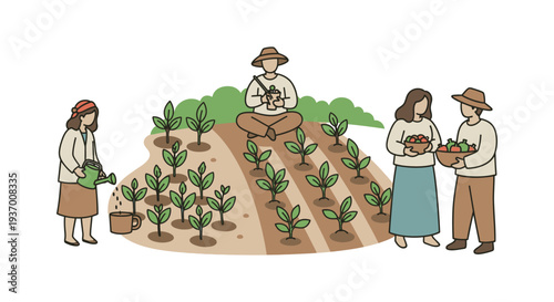 Collaborative Farming Team Planting, Caring, and Harvesting Crops. Agricultural Illustration of Sustainable Growth and Community Effort.