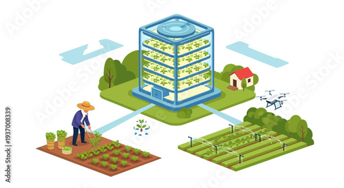 Smart Farming Ecosystem: Vertical Farm, Drone Technology, and Traditional Agriculture Integration