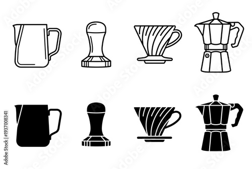 Professional barista coffee tools icons including milk pitcher, tamper, dripper and moka pot in outline and solid styles for cafe and brewing business.