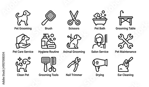 Icon set of pet grooming tools and services featuring various illustrations