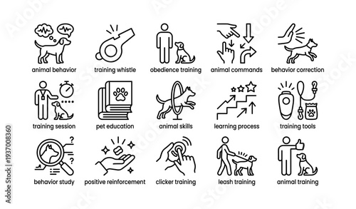 Comprehensive animal training icons illustrating commands and obedience techniques