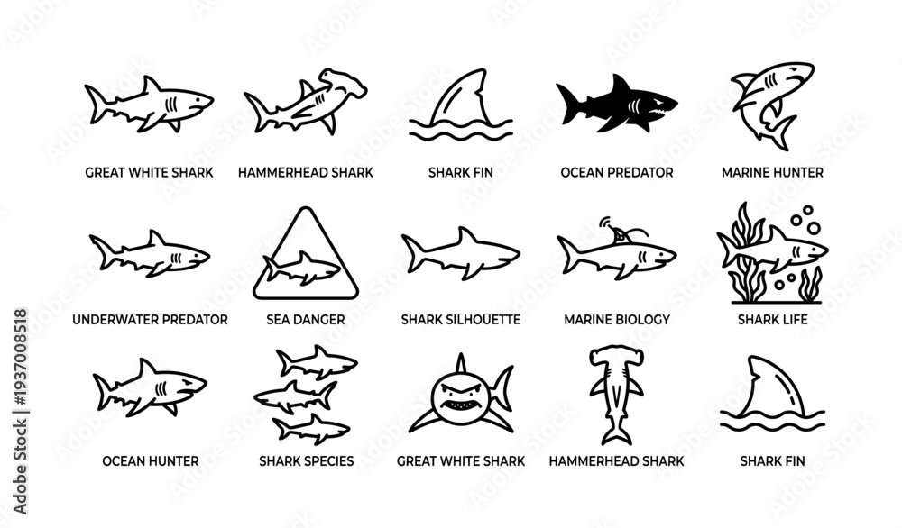 Fototapeta premium Great white and hammerhead shark icons depicting ocean predators in marine biology