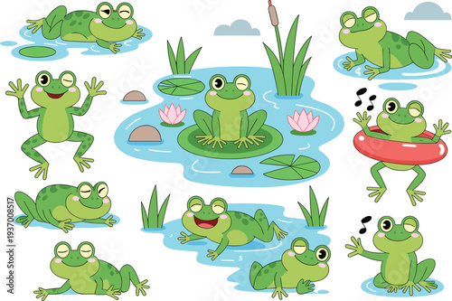 Cute green cartoon frogs collection, funny frog characters in pond, lily pads, water plants, kids illustration set, amphibian mascot design