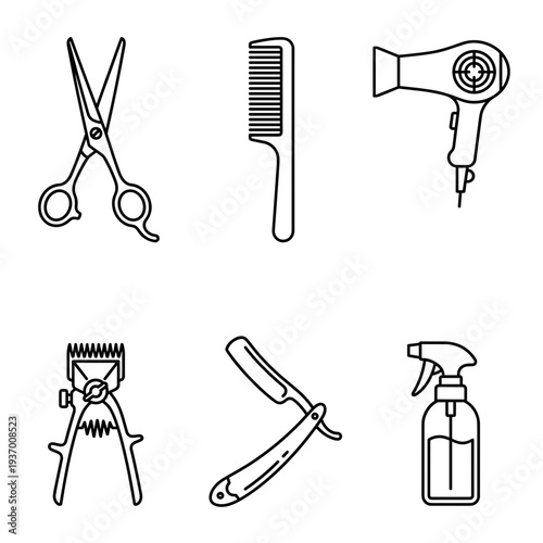 Professional barbershop and hair salon tool icons set including scissors, comb, hair dryer, clippers, straight razor and spray bottle line art symbols.