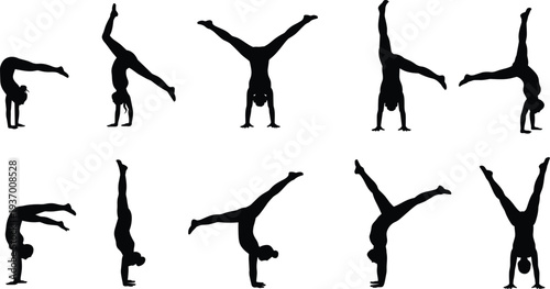 Gymnastics handstand silhouette athlete acrobat pose vector illustration isolated fitness balance movement design set